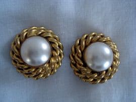 Vintage Butler and Wilson Gilt Rope and Faux Pearl Button Earrings (SOLD)