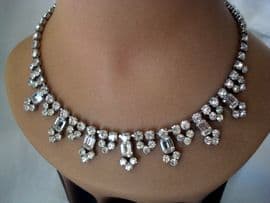 Vintage Diamante Necklace -1940's - 1950's Diamante Collar Necklace with Large Baguette Stones SOLD