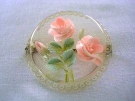Vintage Lucite Brooch with Roses - Unusual 'circle and dot' border (Sold)