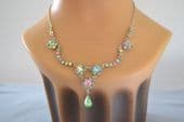Vintage Necklace - Floral Romantic Design in Pastel Colours with Green Peardrop Jewel Detail