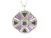 Vintage signed 'Miracle' Pendant - Circular with dark Purple Enamel and light Mauve Art Glass Gems (SOLD)