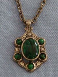 Vintage Signed Miracle Pendant on Chain - faux Malachite stones
