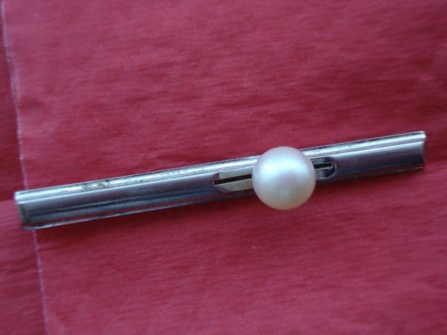 Vintage Silver Tie Clip with Cultured Pearl and Button Loop