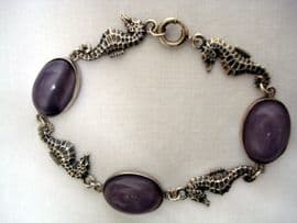 Vintage Sterling SIlver and Mauve Satin Glass Panel Bracelet with Seahorses