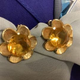 Vintage Yellow Jewelled Gold Plated Flower Clip On Earrings