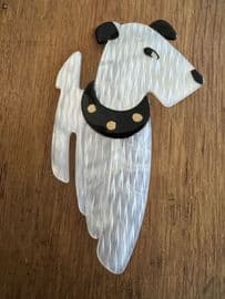 White Ric the Terrier Brooch wearing Black  Gold Studded Collar   - Dog Pin by Lea Stein of Paris