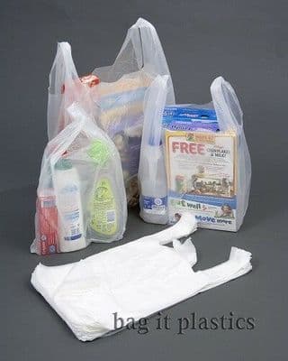 CARRIER BAGS WHITE VEST STYLE PLASTIC BAG SMALL, MEDIUM & LARGE - 100% Recyclable