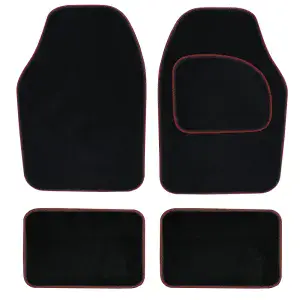 4 Piece Black Carpet Mat Set with Red Piping