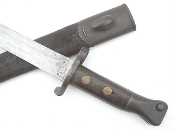 British Lee-Metford P1888 Mk1 bayonet and scabbard, 1891 dated, N.R. 67 marked