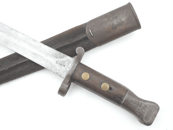 British Lee-Metford P1888 Mk1 bayonet and scabbard, 1891 dated, N.R. 67 marked