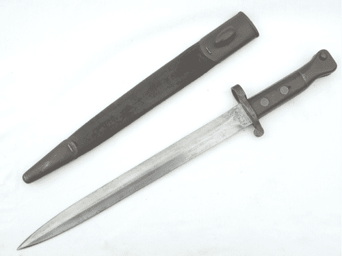 British Lee-Metford P1888 Mk1 bayonet and scabbard, 1891 dated, N.R. 67 marked