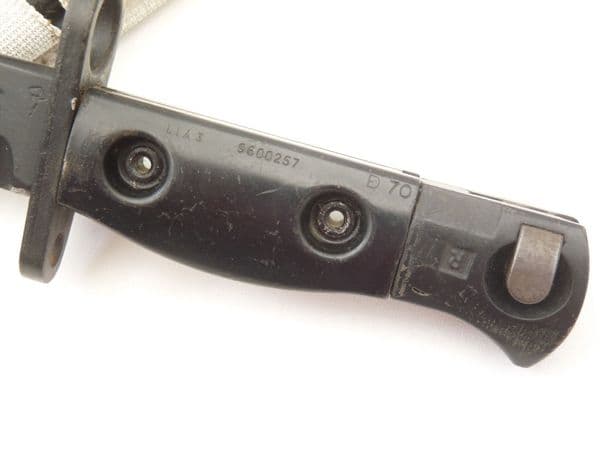 British SLR L1A3 bayonet and scabbard with nylon parade frog, 1970 dated