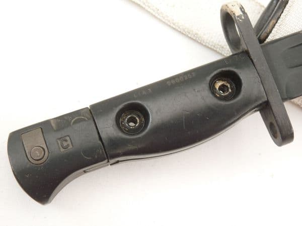 British SLR L1A3 bayonet and scabbard with nylon parade frog, 1970 dated