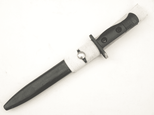 British SLR L1A3 bayonet and scabbard with nylon parade frog, 1970 dated