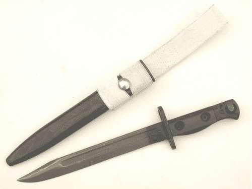 British SLR L1A3 bayonet and scabbard with nylon parade frog, 1970 dated