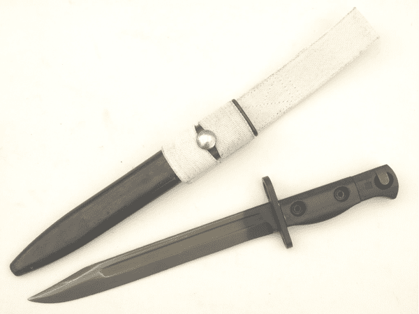 British SLR L1A3 bayonet and scabbard with nylon parade frog, 1970 dated