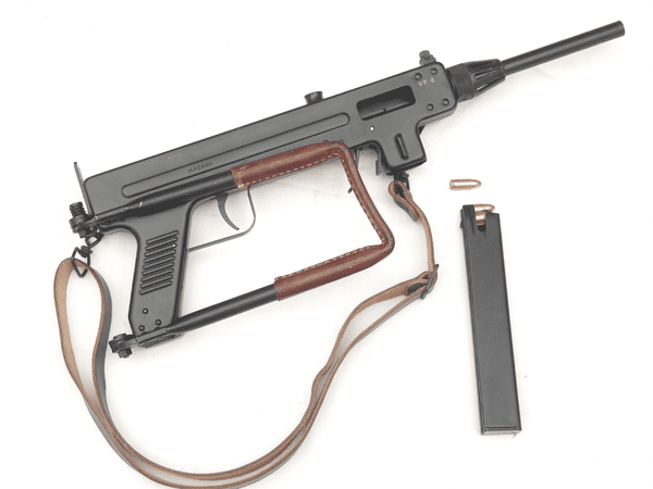 Deactivated Danish made Madsen M/50 submachine gun, sliding cocking handle