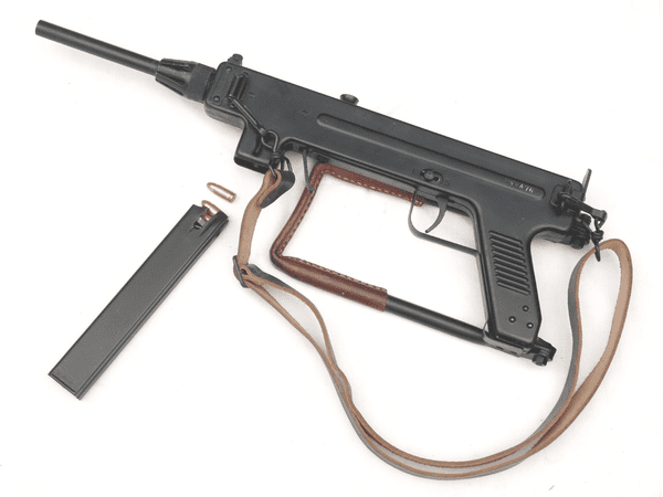 Deactivated Danish made Madsen M/50 submachine gun, sliding cocking handle