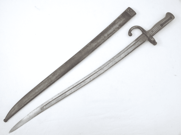 French Chassepot M1866 German capture bayonet and scabbard, dated 1867, regimentally marked **SOLD**
