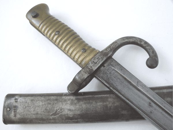 French Chassepot M1866 German capture bayonet and scabbard, dated 1867, regimentally marked **SOLD**