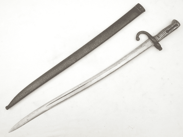 French Chassepot M1866 sword bayonet and scabbard, Mutzig, 1868 dated, matched serial numbers.