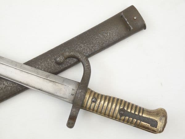 French Chassepot M1866 sword bayonet and scabbard, Mutzig, 1868 dated, matched serial numbers.