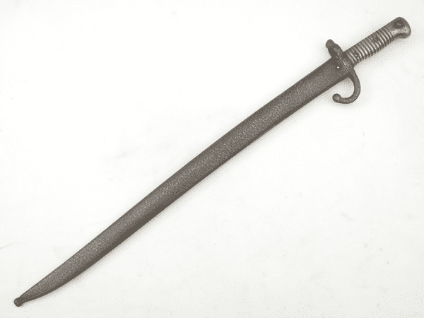 French Chassepot M1866 sword bayonet and scabbard, Mutzig, 1868 dated, matched serial numbers.