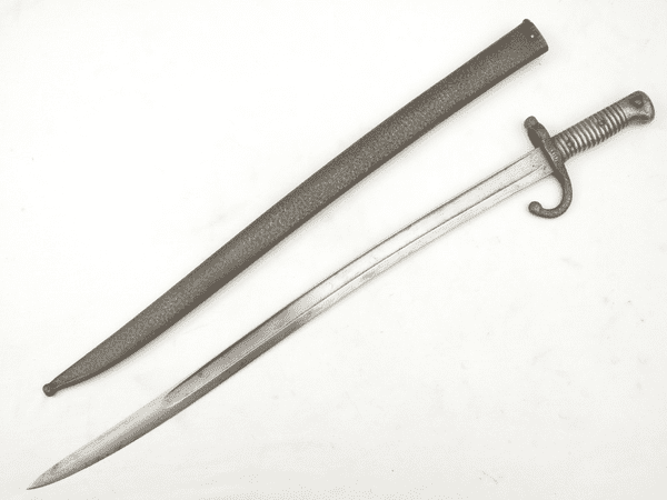 French Chassepot M1866 sword bayonet and scabbard, Mutzig, 1868 dated, matched serial numbers.