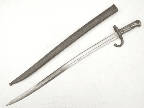 French Chassepot M1866 sword bayonet and scabbard, Mutzig, 1868 dated, matched serial numbers.