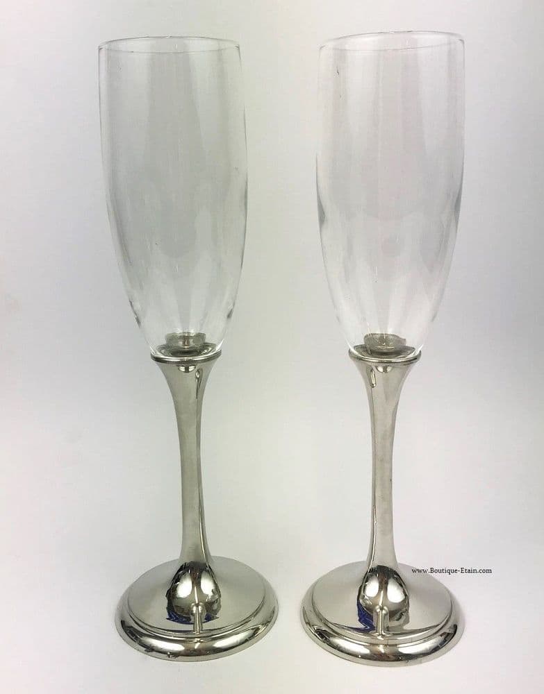 2 Coupes à Champagne en verre et pied en étain brillant