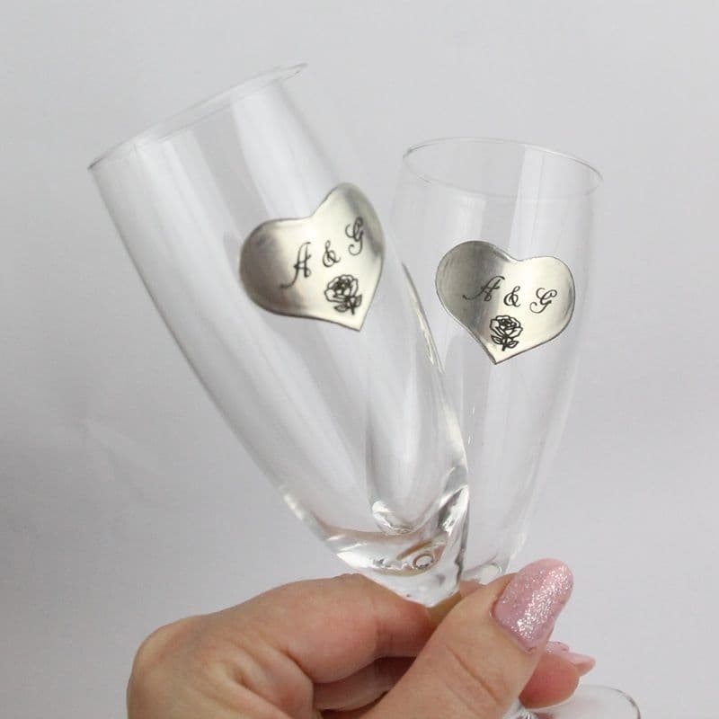 2 Coupes à Champagne Personnalisées Cœur en étain Gravé avec Dessin