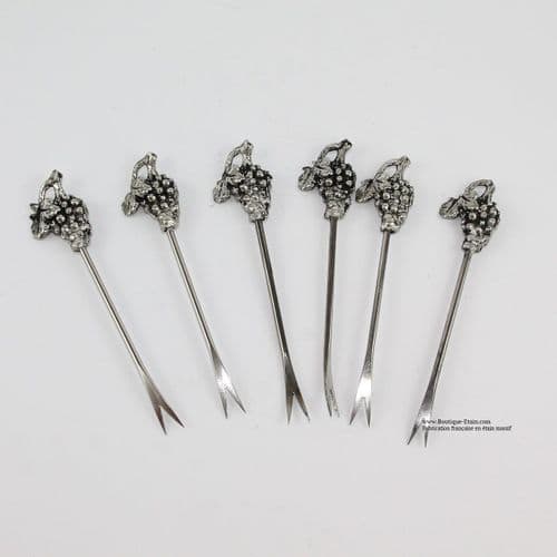 6x Piques apéritifs en étain motif raisin