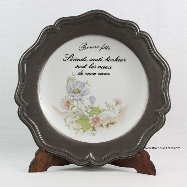 Assiette en étain et porcelaine Bonne Fête