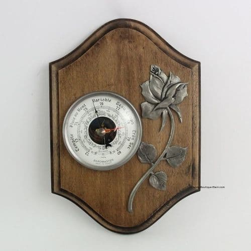 Baromètre Hygromètre Thermomètre en bois rustique décor rose en étain