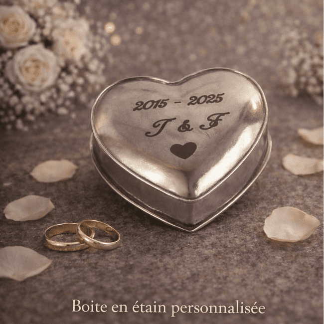 Boîte en étain forme coeur avec gravure