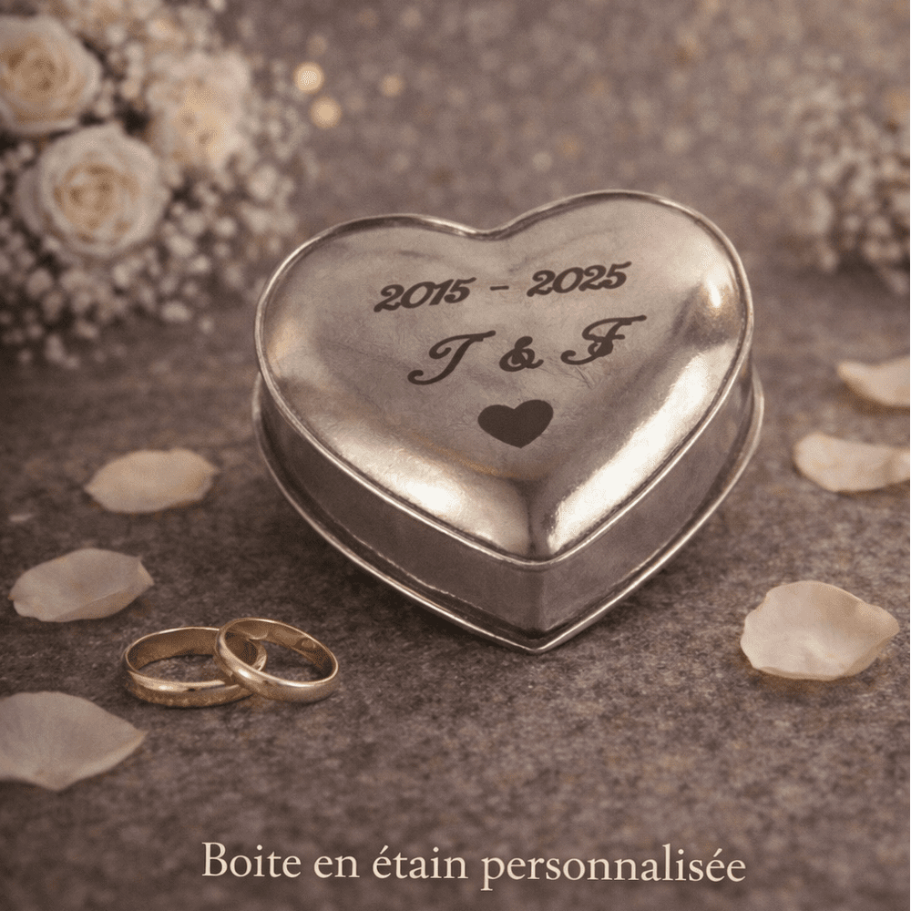 Boîte en étain forme coeur avec gravure