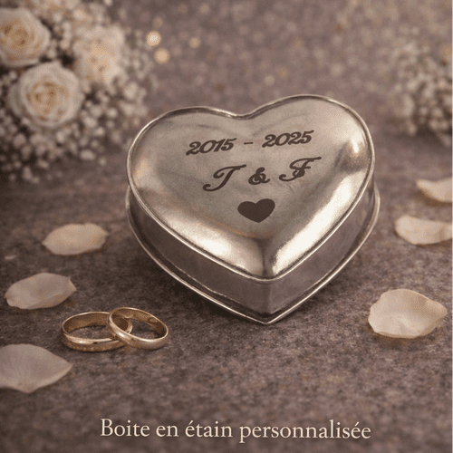 Boîte en étain forme coeur avec gravure