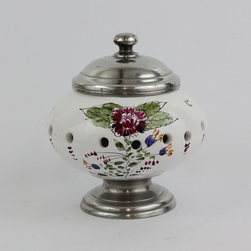 Boîte, pot pourri en étain et faïence peint à la main