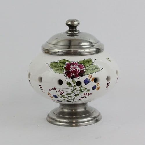 Boîte, pot pourri en étain et faïence peint à la main