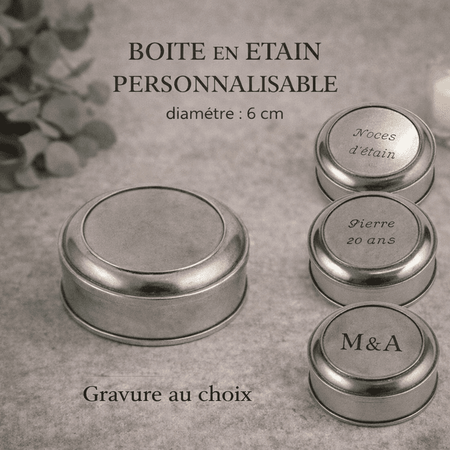 Boîte ronde en étain brillante à graver