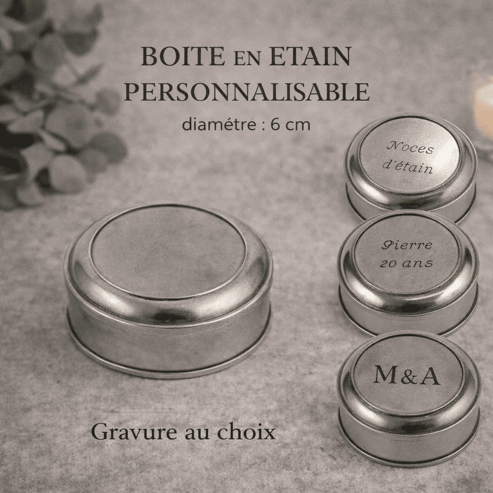 Boîte ronde en étain brillante à graver