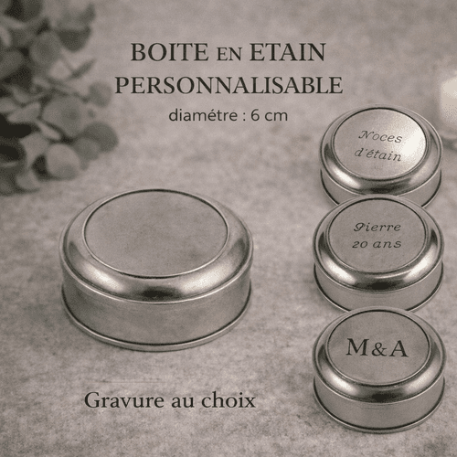 Boîte ronde en étain brillante à graver