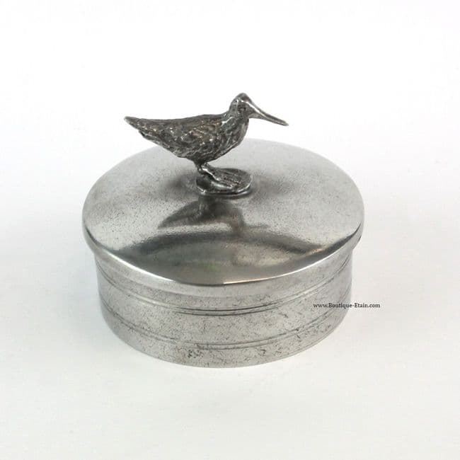 Boite ronde en étain décor bécasse