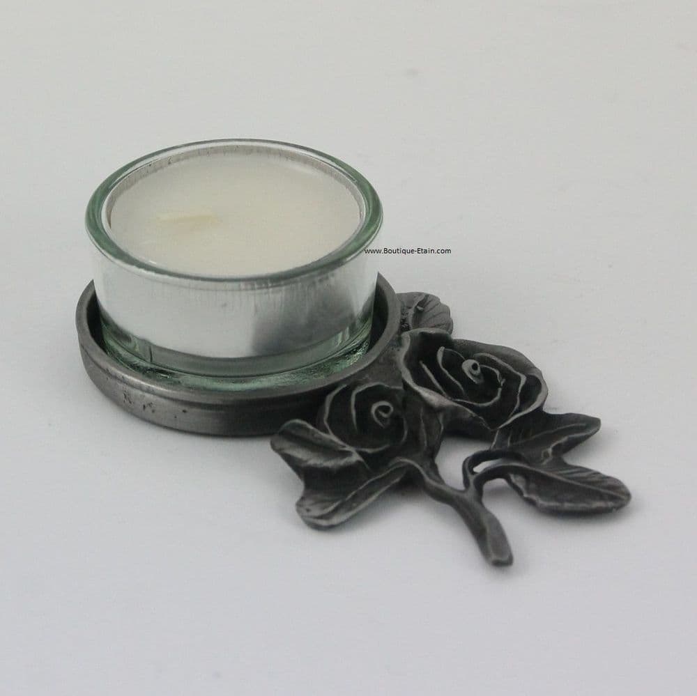 Bougeoir en étain motif rose pour bougie chauffe-plat