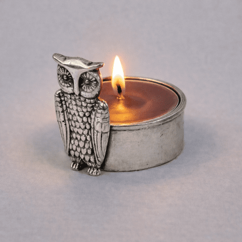 Bougie bougeoir en étain motif hibou