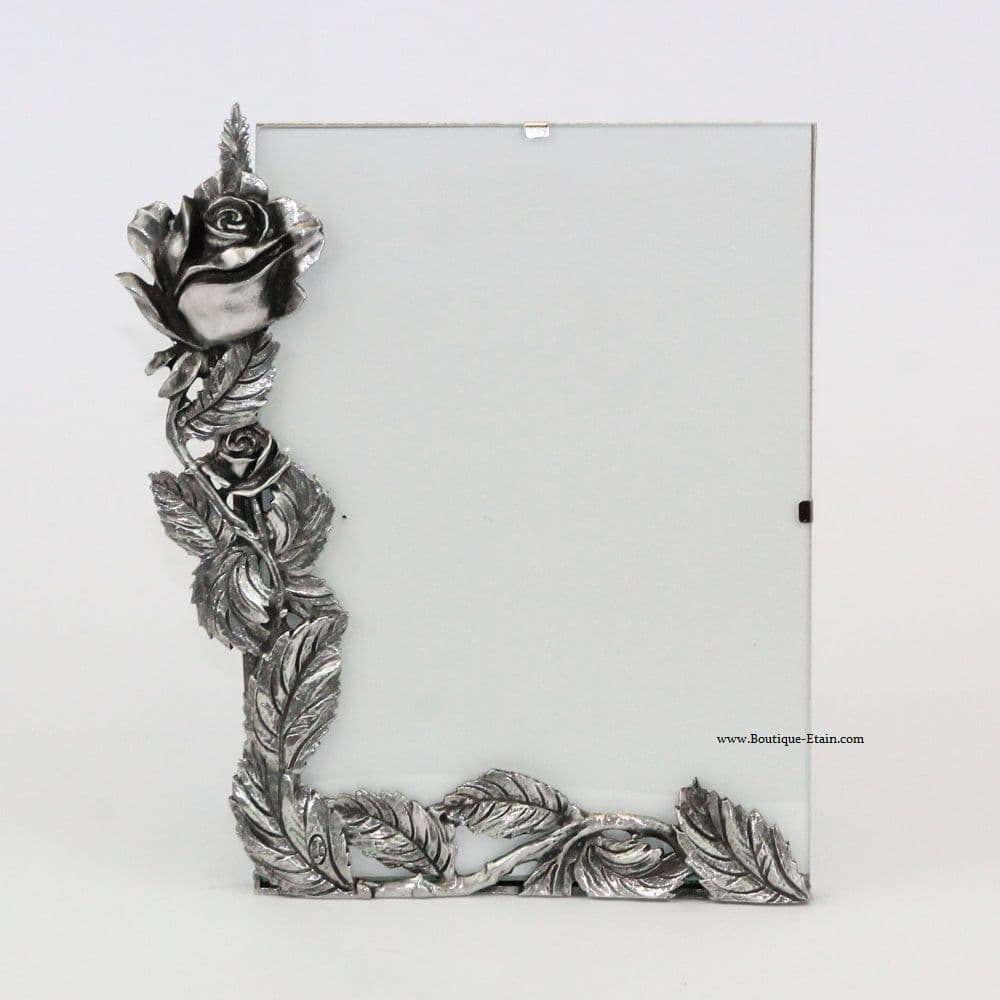 Cadre photo Ht19cm sous-verre motif rose en étain