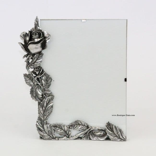 Cadre photo Ht19cm sous-verre motif rose en étain