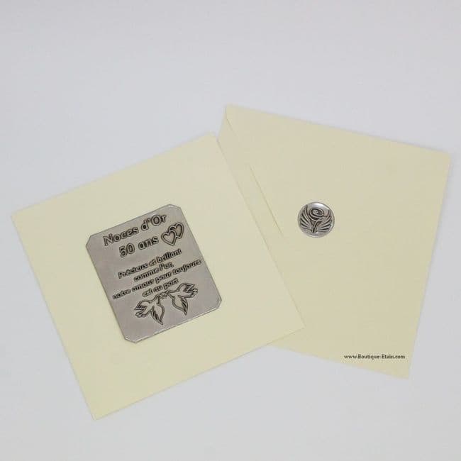 Carte crème 50 ans de mariage en étain