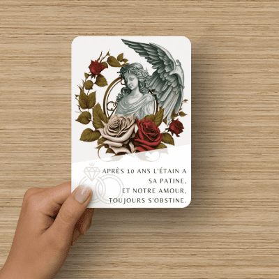 Carte Noces d'étain 10 ans de mariage, Rose et Ange