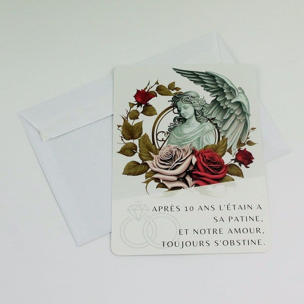 Carte pour anniversaire de mariage Noces d'étain Rose et Ange